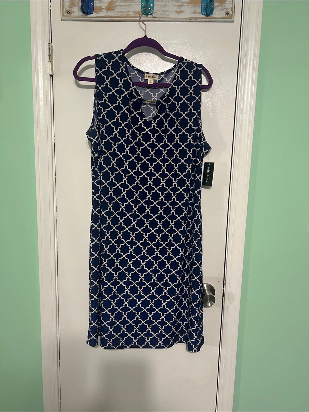 Sleeveless Navy Geometric Midi Dress by Messini. Size XL